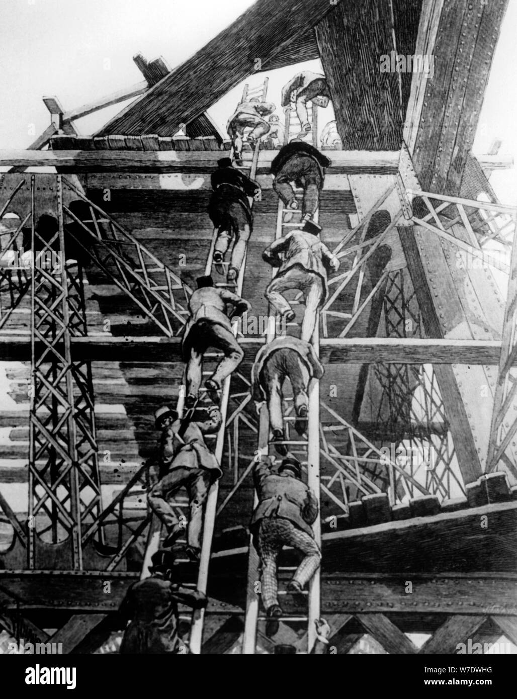 Colleghi della pressa di prendere le scale sulla Torre Eiffel, Parigi, 1888. Artista: sconosciuto Foto Stock