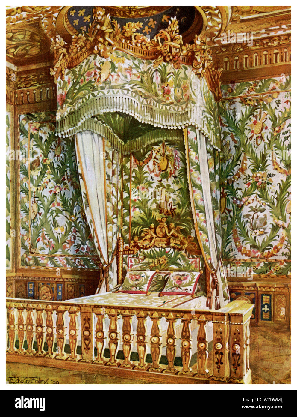 Stato dorato letto di Maria Antonietta camera da letto della Regina, Palais de Fontainebleau, Francia, 1911-1912.Artista: Edwin Foley Foto Stock