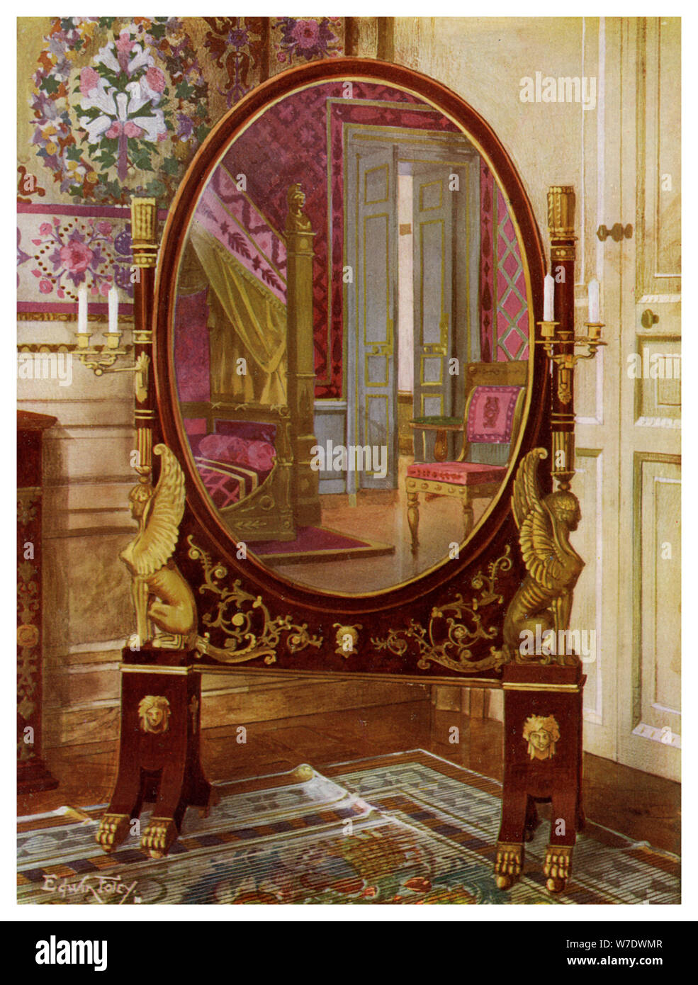 Specchio ovale e letto di Napoleone I, 1911-1912.Artista: Edwin Foley Foto Stock