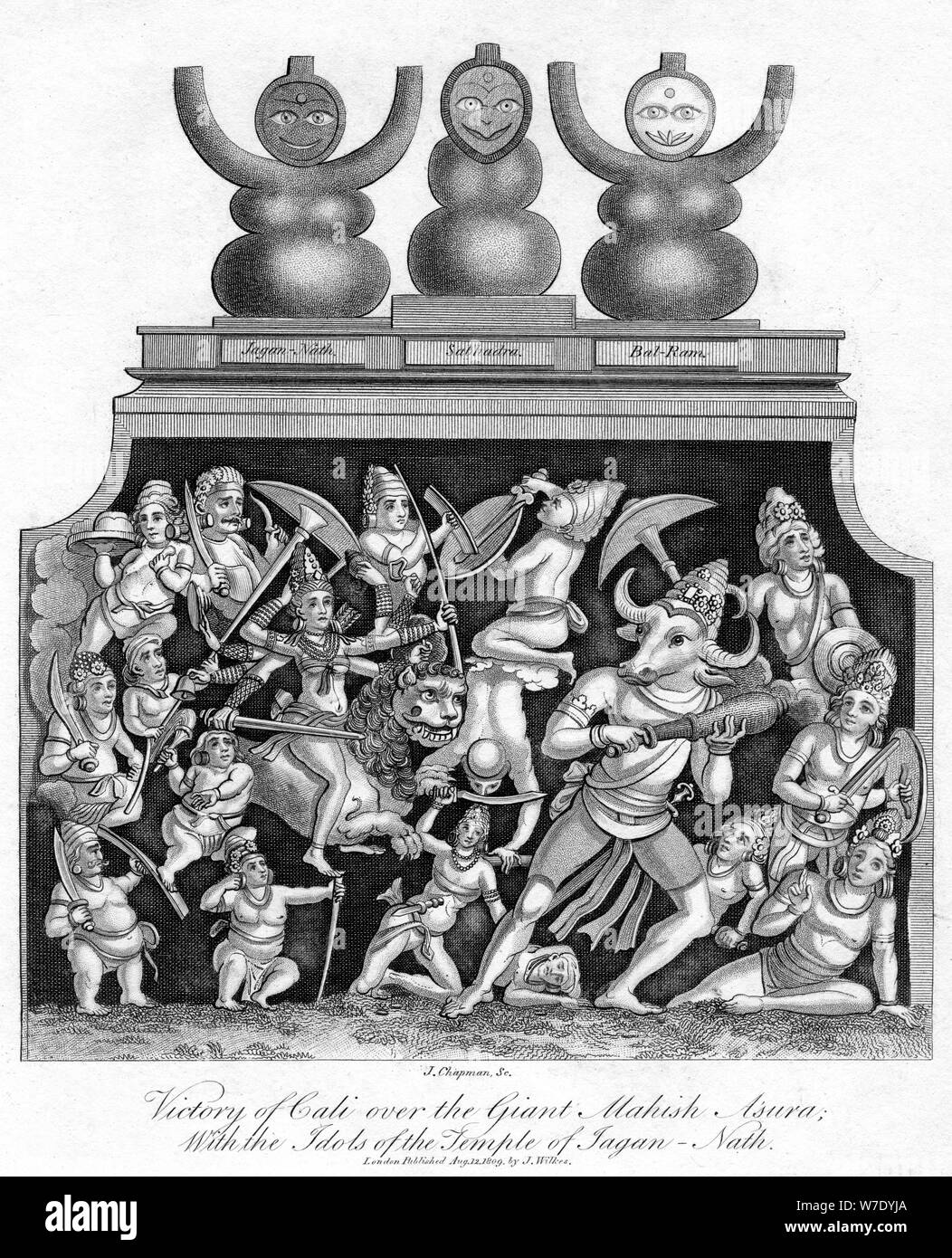 "La vittoria di Cali oltre il gigante Mahish un'sura, con gli idoli del tempio di Jagannath', 1809.Artista: J Chapman Foto Stock