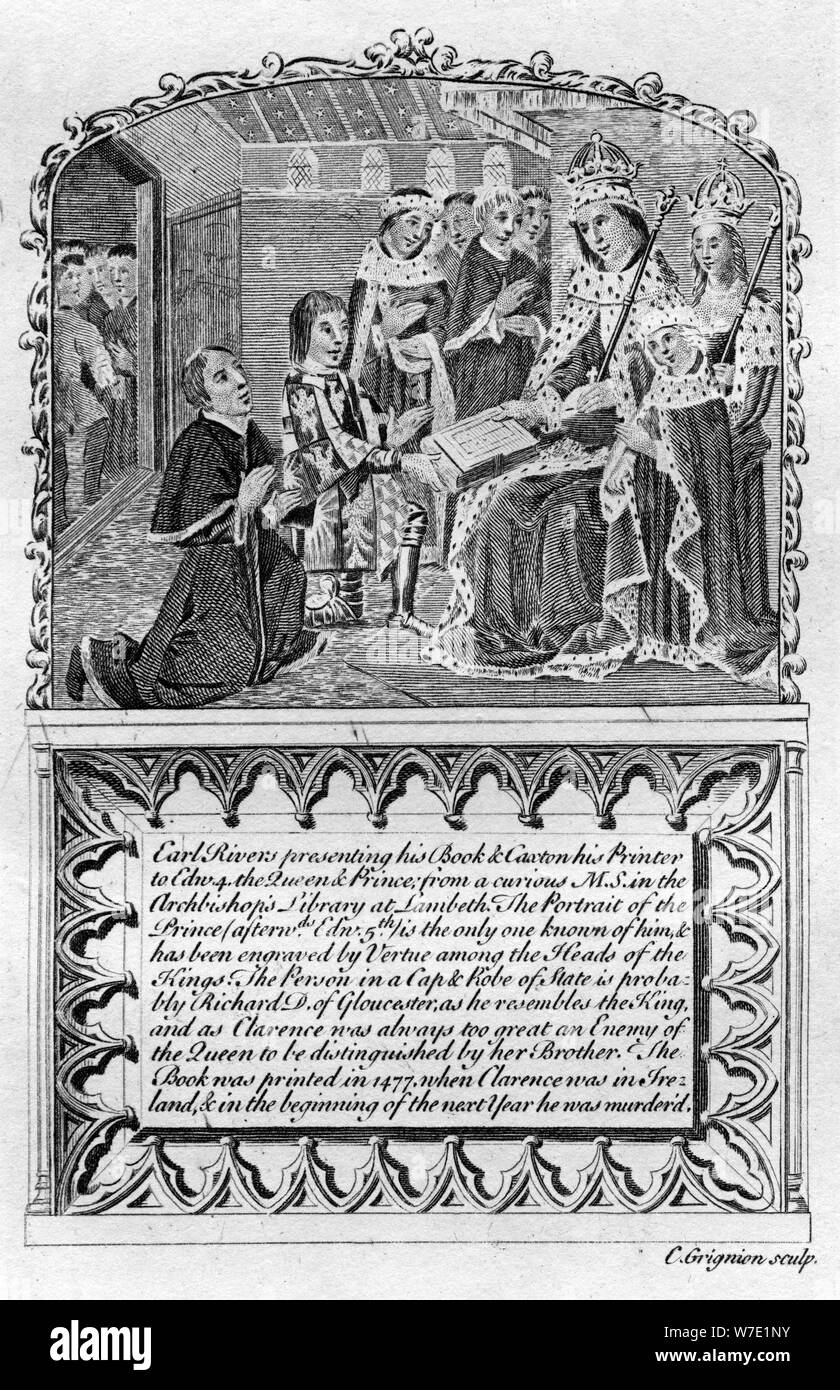 Earl fiumi presenta il suo libro di Re Edoardo IV, C1477 (fine del XVIII o agli inizi del XIX secolo(?). Artista: Charles Grignion Foto Stock