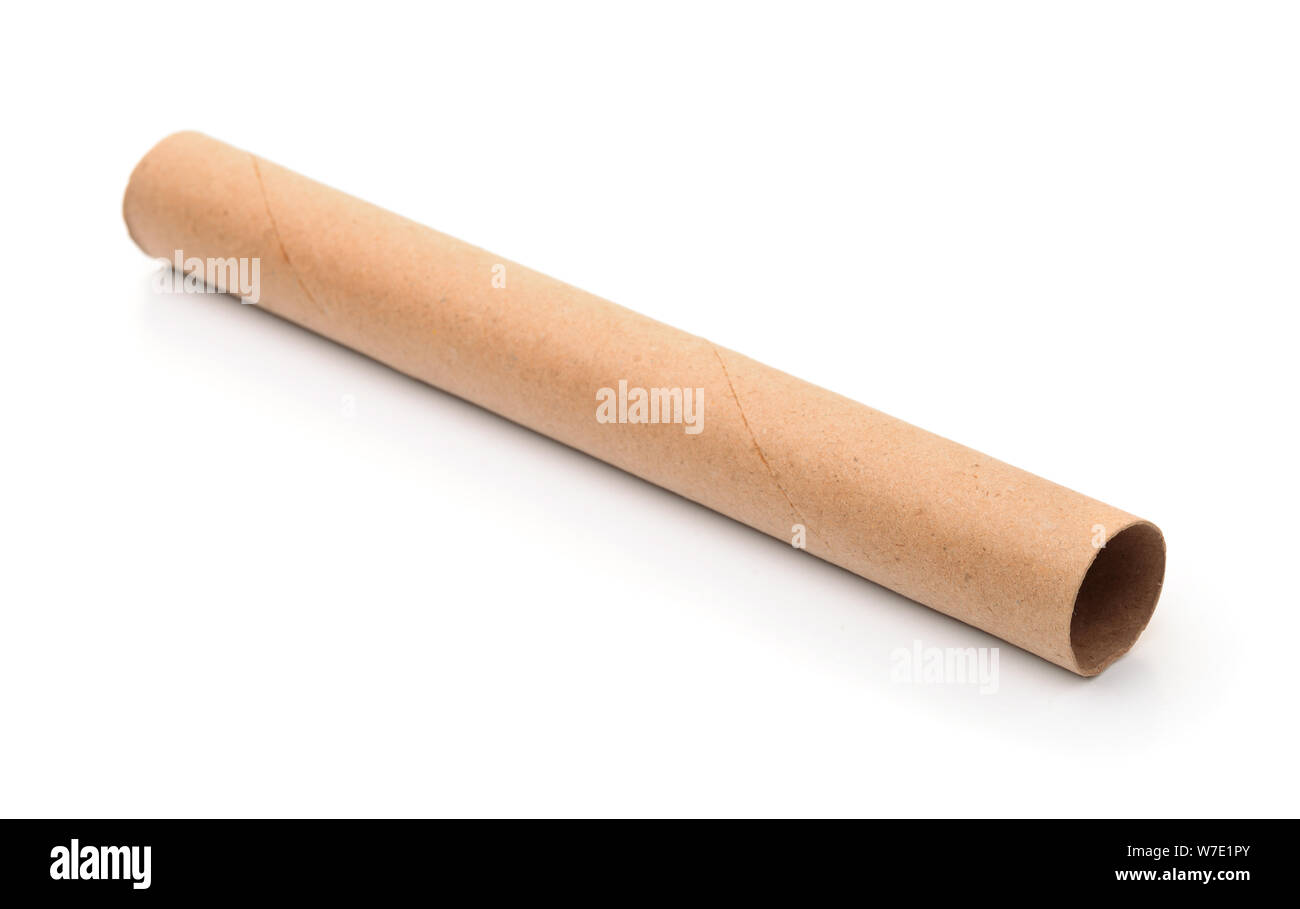 Marrone tubo di cartone isolato su bianco Foto Stock