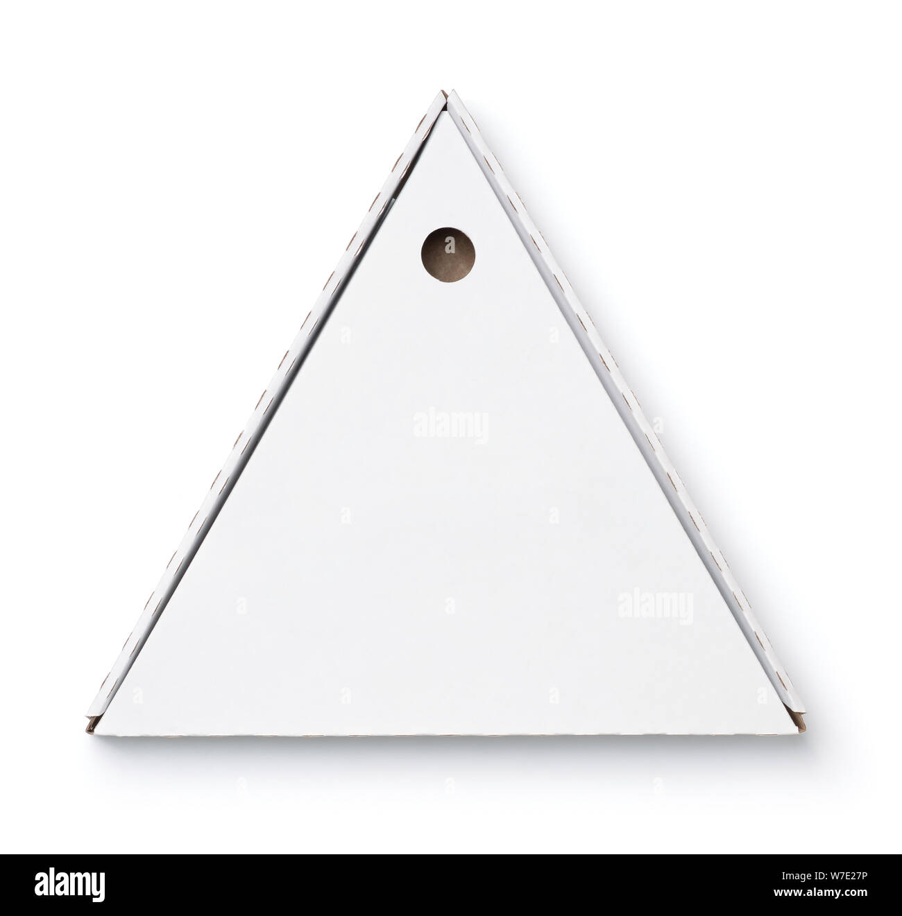 Vista superiore del triangolo vuoto imballaggio Scatola pizza isolato su bianco Foto Stock