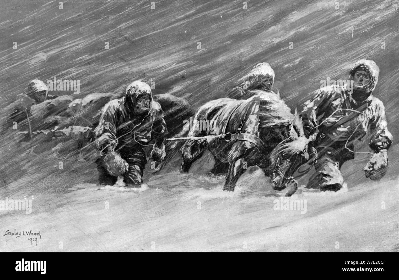 Il trek durante la tempesta di neve, 1909. Artista: Stanley L Legno Foto Stock