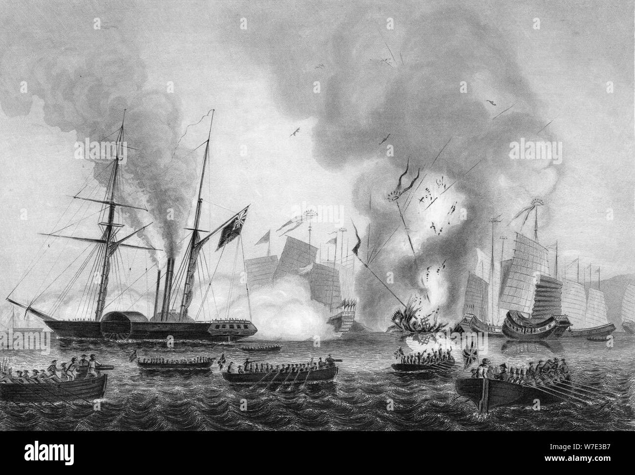 La distruzione della guerra cinese indesiderata in Anson Bay, 7 gennaio 1841 (c1857).Artista: George Greatbatch Foto Stock