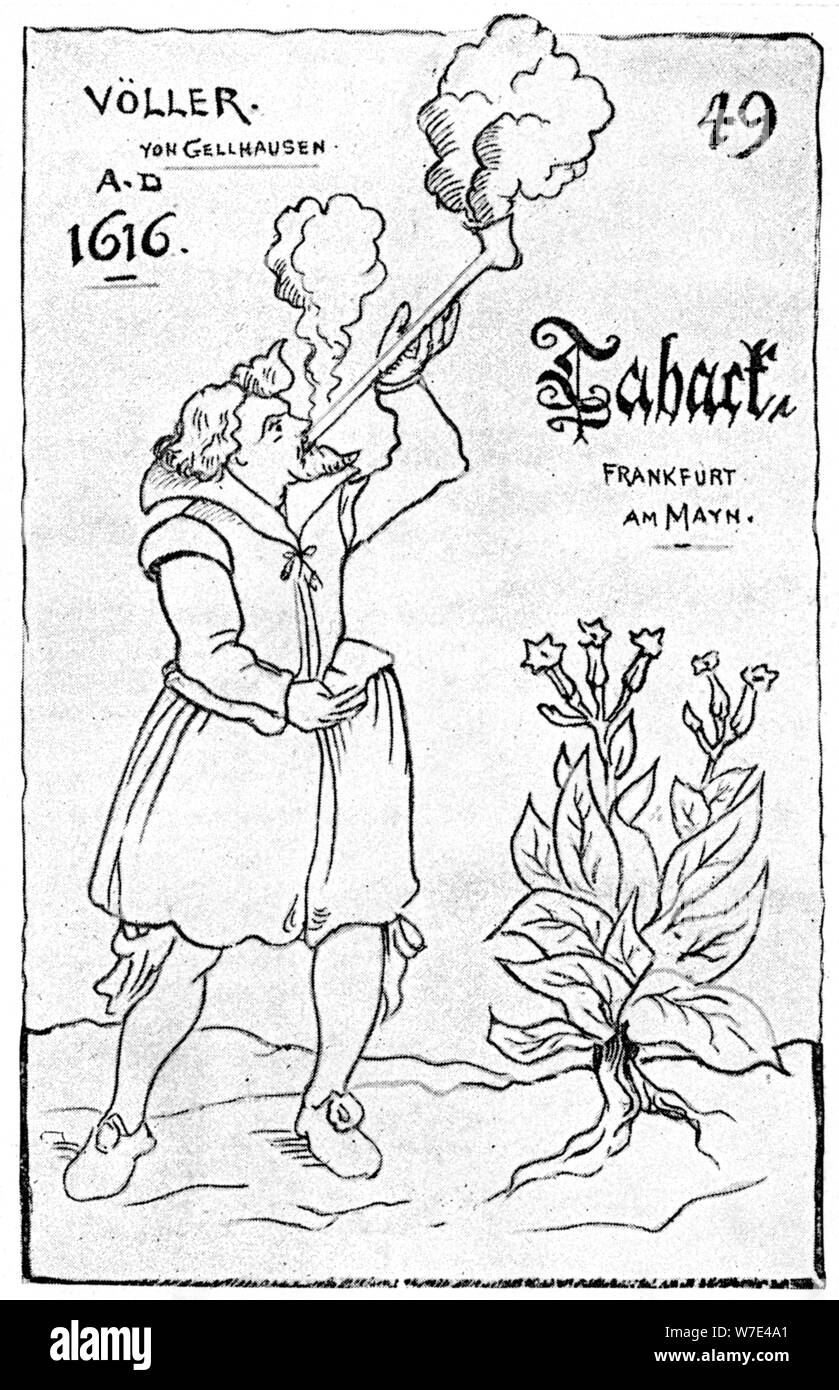 Una delle prime illustrazioni dei fumatori, 1616 (1890). Artista: sconosciuto Foto Stock