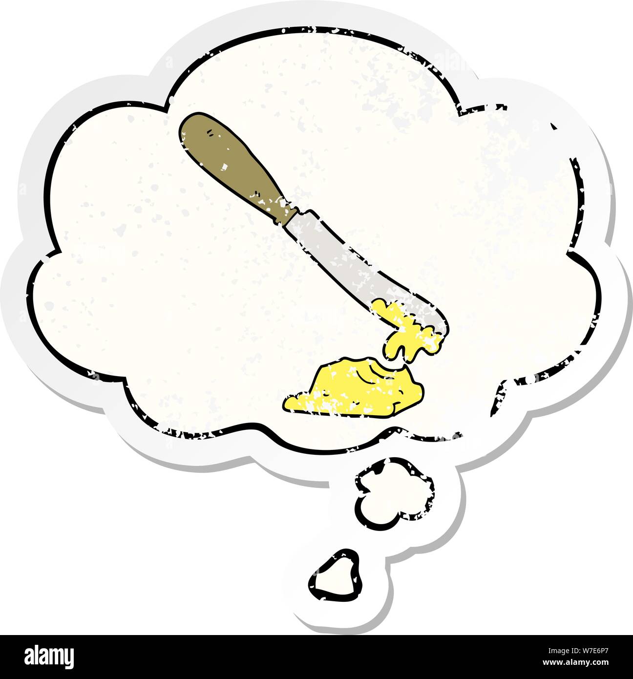 Cartoon spalmatura a coltello burro con bolle di pensiero come un distressed adesivo usurati Illustrazione Vettoriale