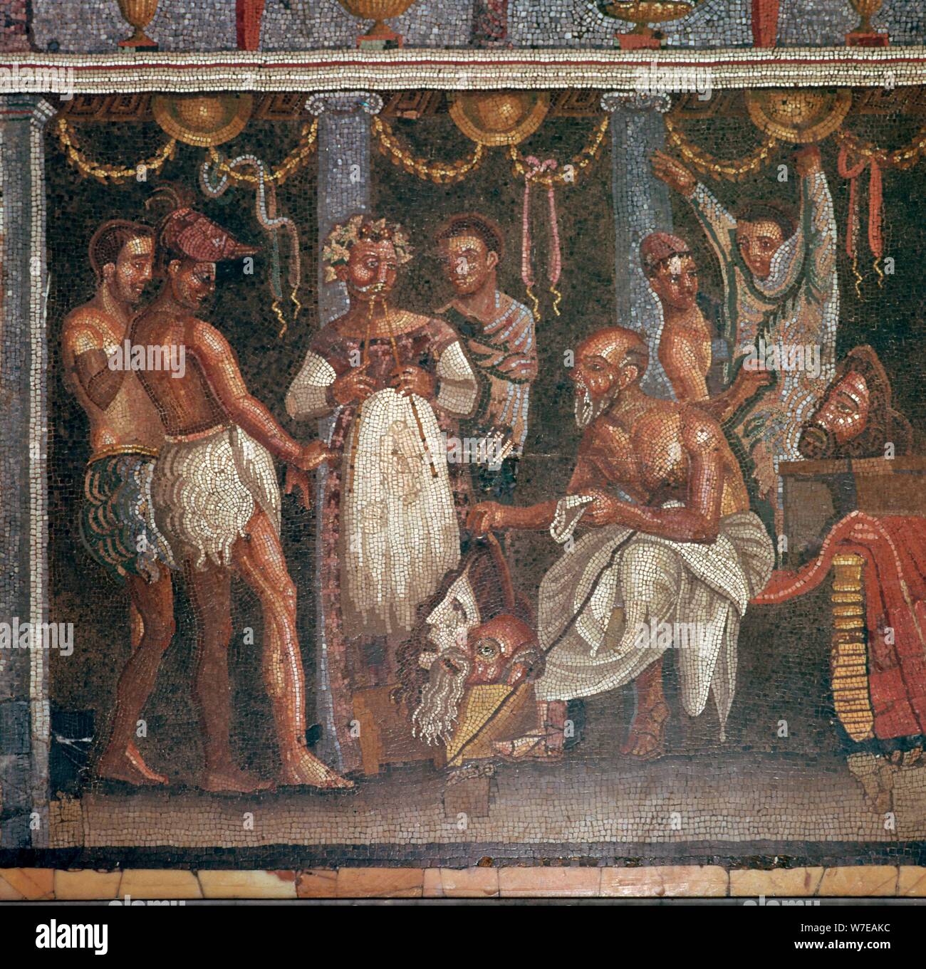 Mosaico romano di attori preparando per un gioco. Artista: sconosciuto Foto Stock