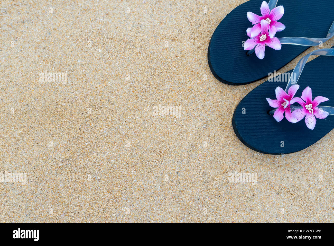 Colorato flip flop sulla spiaggia sabbiosa. Pantofole nero con un fiore rosa sulla sabbia. Il concetto di estate e di viaggio. Foto Stock