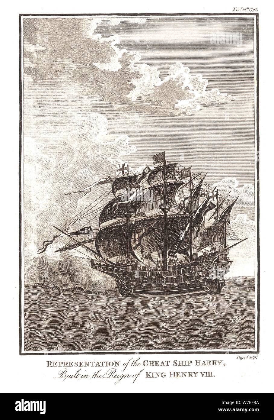Rappresentazioni della grande nave Harry costruito durante il regno di Re Enrico VIII, 1793. Artista: pagina. Foto Stock