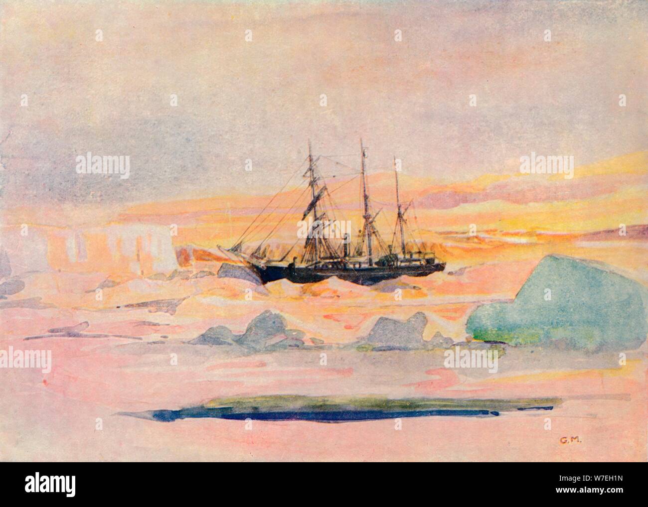 Shackleton, nave la Nimrod, in McMurdo Sound, (1909), 1912. Artista: George Marston Foto Stock