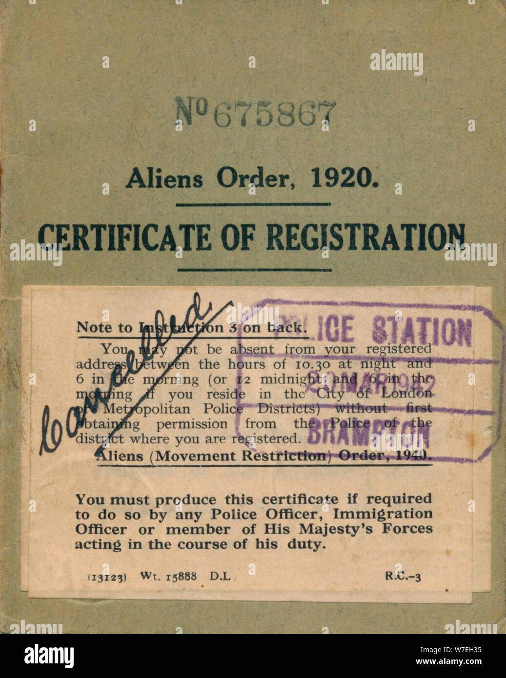 Ordine degli alieni, certificato di registrazione 1920. Artista: sconosciuto Foto Stock