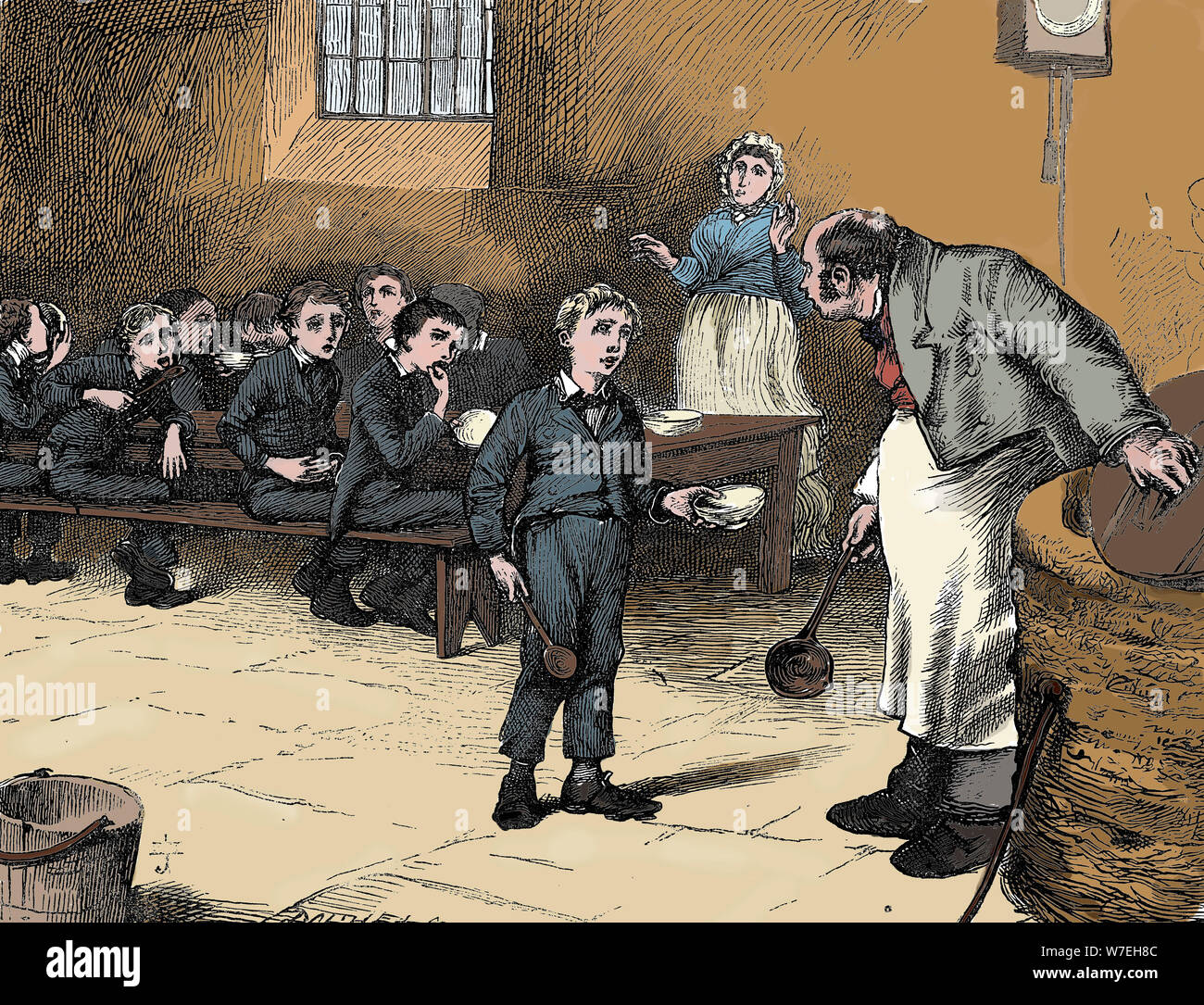Scena di Oliver Twist di Charles Dickens, 1836. Artista: James Mahoney Foto Stock