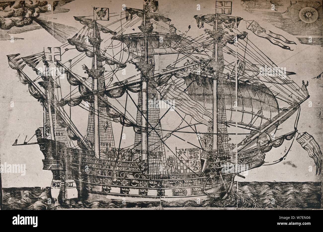 Una xilografia di una nave che si ritiene essere la Ark Royal, c1587. Artista: sconosciuto. Foto Stock