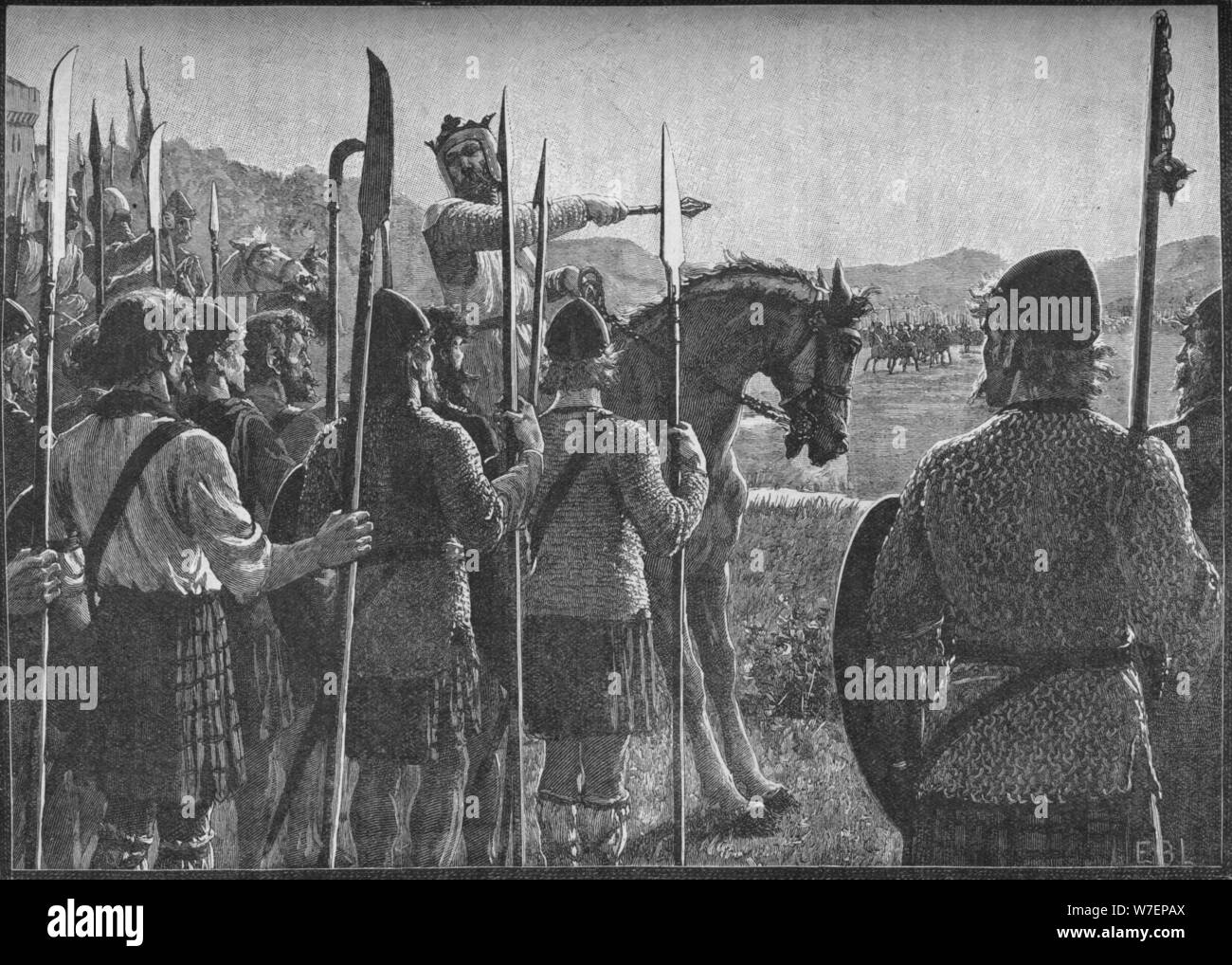 Robert the Bruce rivedendo le sue truppe prima della battaglia di Bannockburn, 1314 (1905). Artista: EBL. Foto Stock