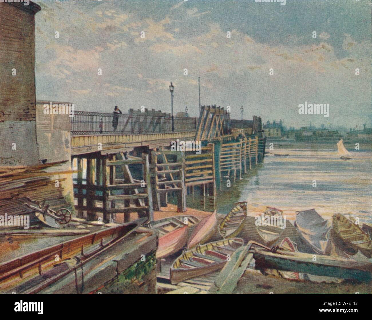 "Il vecchio ponte di Battersea, dalla banca del Nord', guardando attraverso il fiume Thames, London, 1885 (1926). Artista: John Crowther. Foto Stock