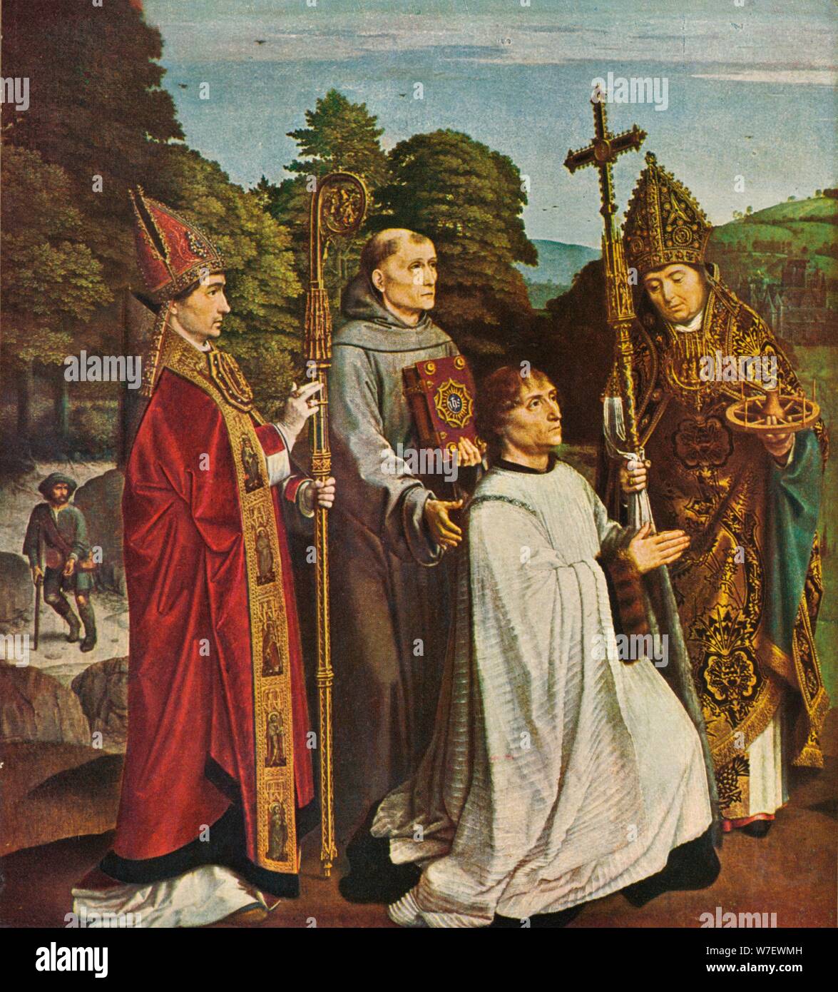 "Canon Bernardijn Salviati e tre santi", 1501, (1909). Artista: Gerard David. Foto Stock