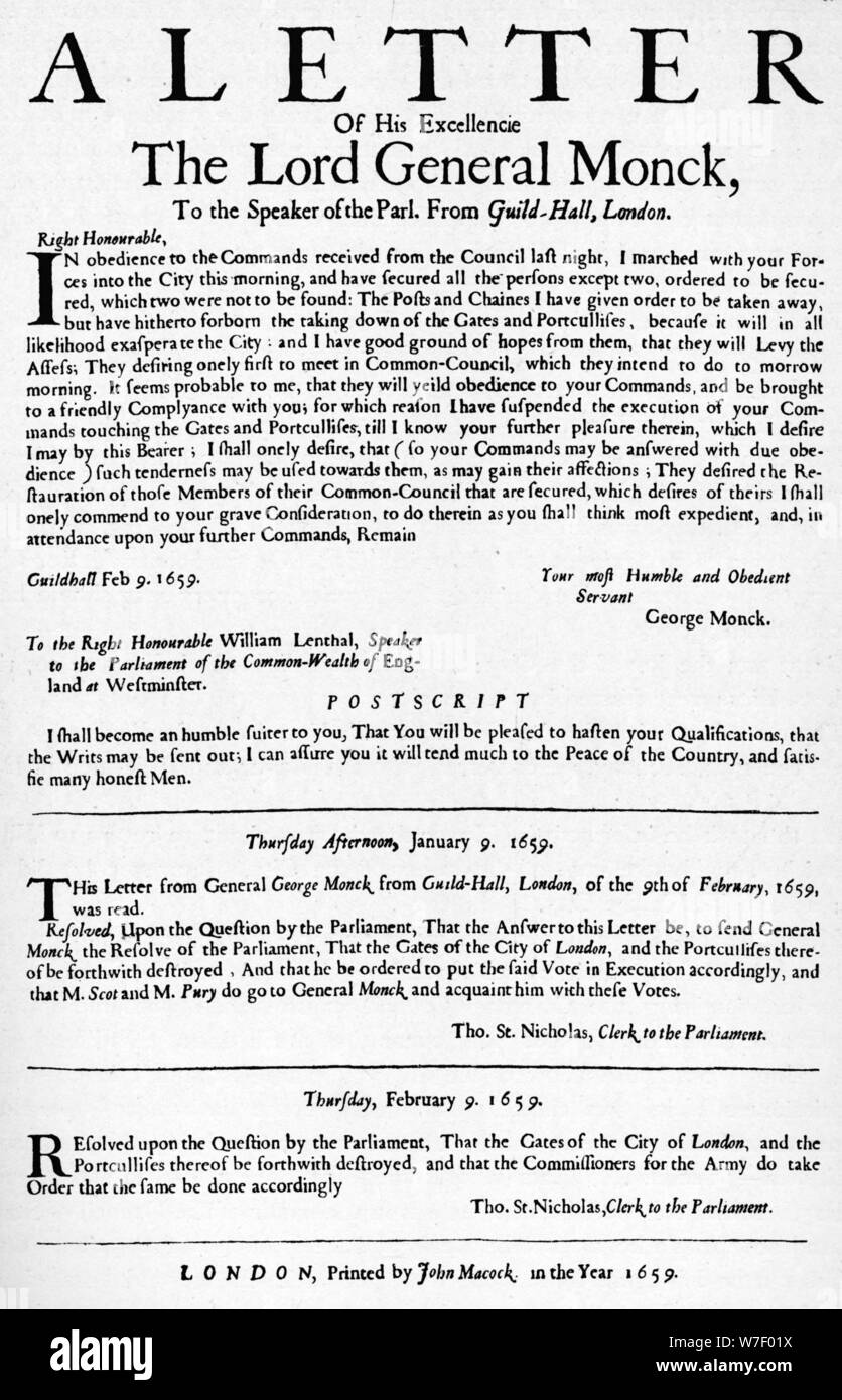 Lettera del generale Monck all'altoparlante della House of Commons, 1659 (1903). Artista: sconosciuto. Foto Stock
