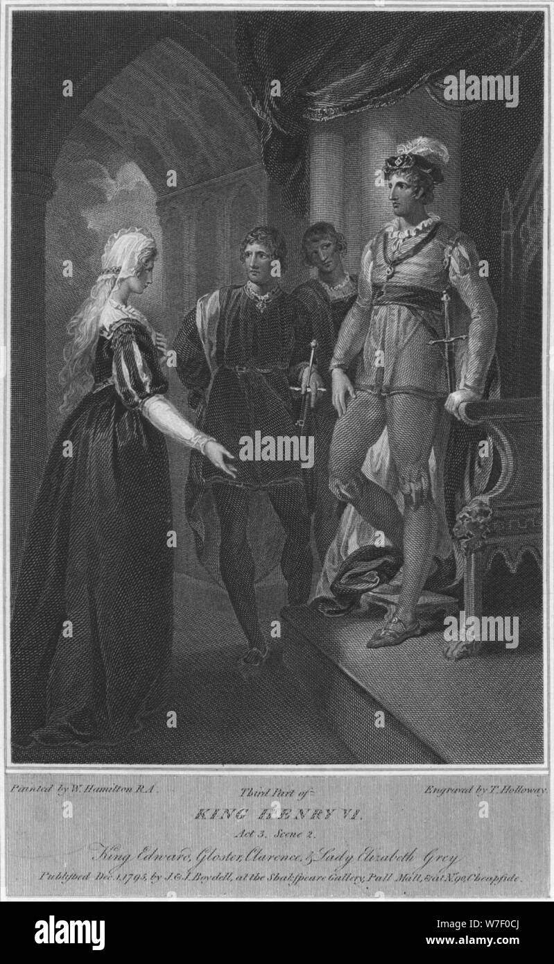 " La terza parte del re Enrico VI. Act 3. Scena 2. Il re Edoardo, Gloucester, Clarence & Lady Elizabeth Gre Artista: Thomas Holloway. Foto Stock