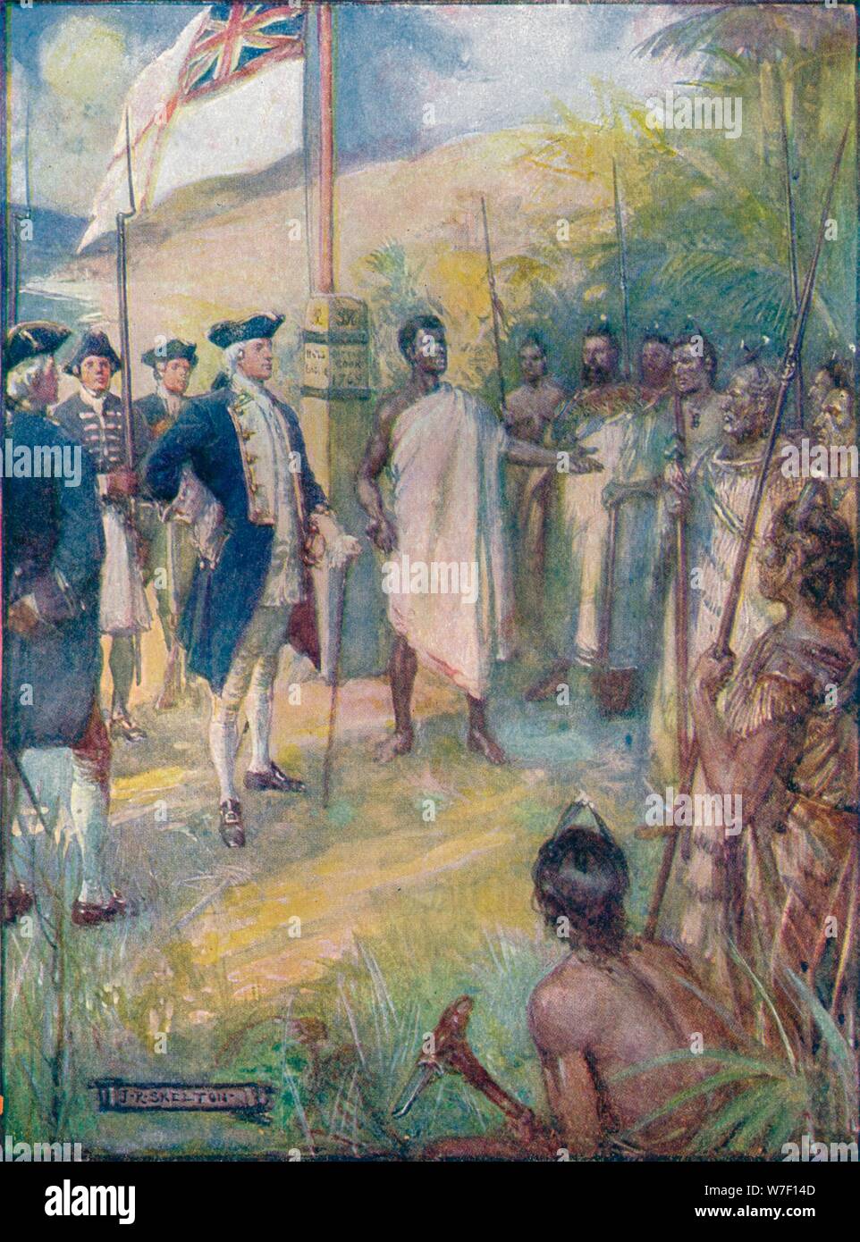 'Cuocere detto Maori che egli era venuto per impostare un contrassegno sulle loro isole", c1908, C1920). Artista: Joseph Ratcliffe Skelton. Foto Stock