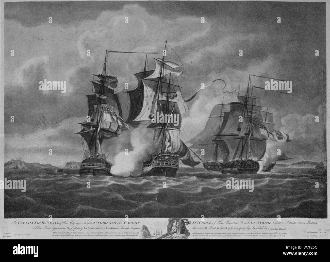 "Acquisizione del 'Resistenza' e il 'Costanza'' c1798. Artista: Nicholas Pocock. Foto Stock