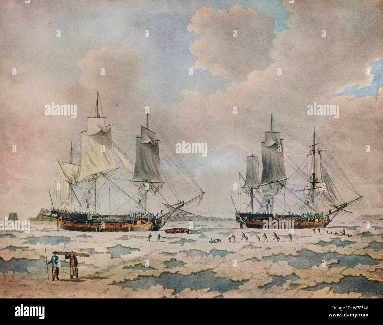 "Le navi di Lord Mulgrave per la spedizione di scoperta incorporato in ghiaccio nelle regioni polari', 1774. Artista: Giovanni Cleveley il giovane. Foto Stock