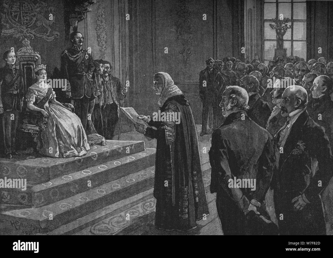 "I colleghi e popolani presentando indirizzo patriottica alla regina alla vigilia della guerra di Crimea', 1891. Artista: Henry Gillard Glindoni. Foto Stock