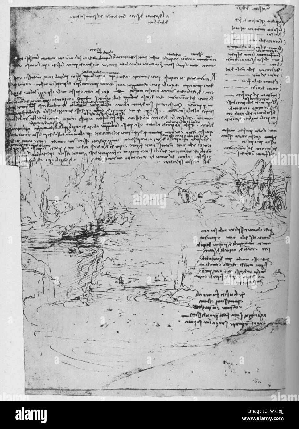 'Pagina di testo con schizzi di paesaggio, c1480 (1945). Artista: Leonardo da Vinci. Foto Stock