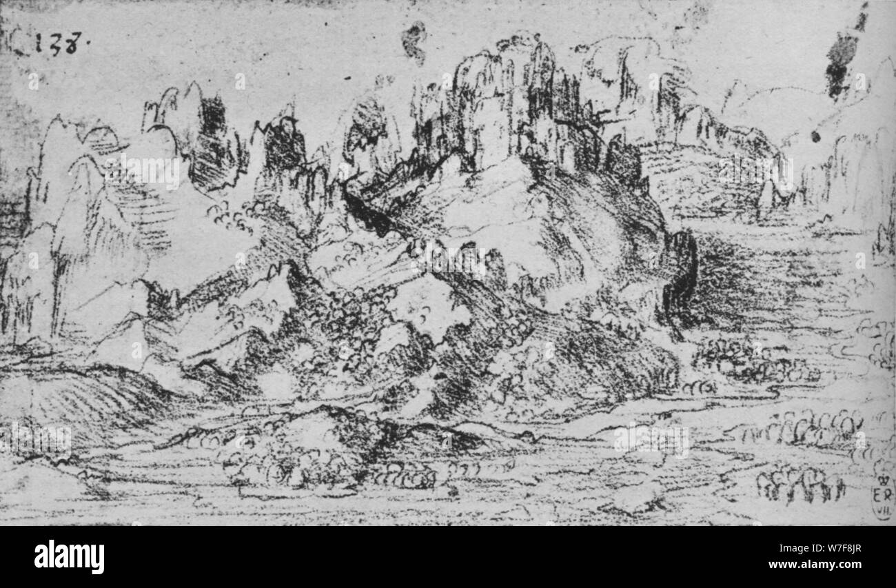 Vista su una valle con montagne al di là dell', C1480 (1945). Artista: Leonardo da Vinci. Foto Stock