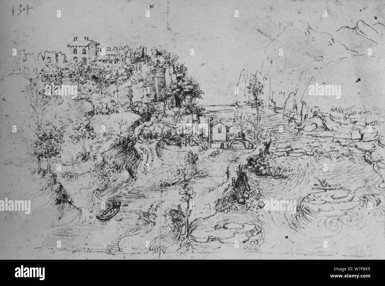 "Un fiume con un canale a fianco e un castello su una collina', C1480 (1945). Artista: Leonardo da Vinci. Foto Stock