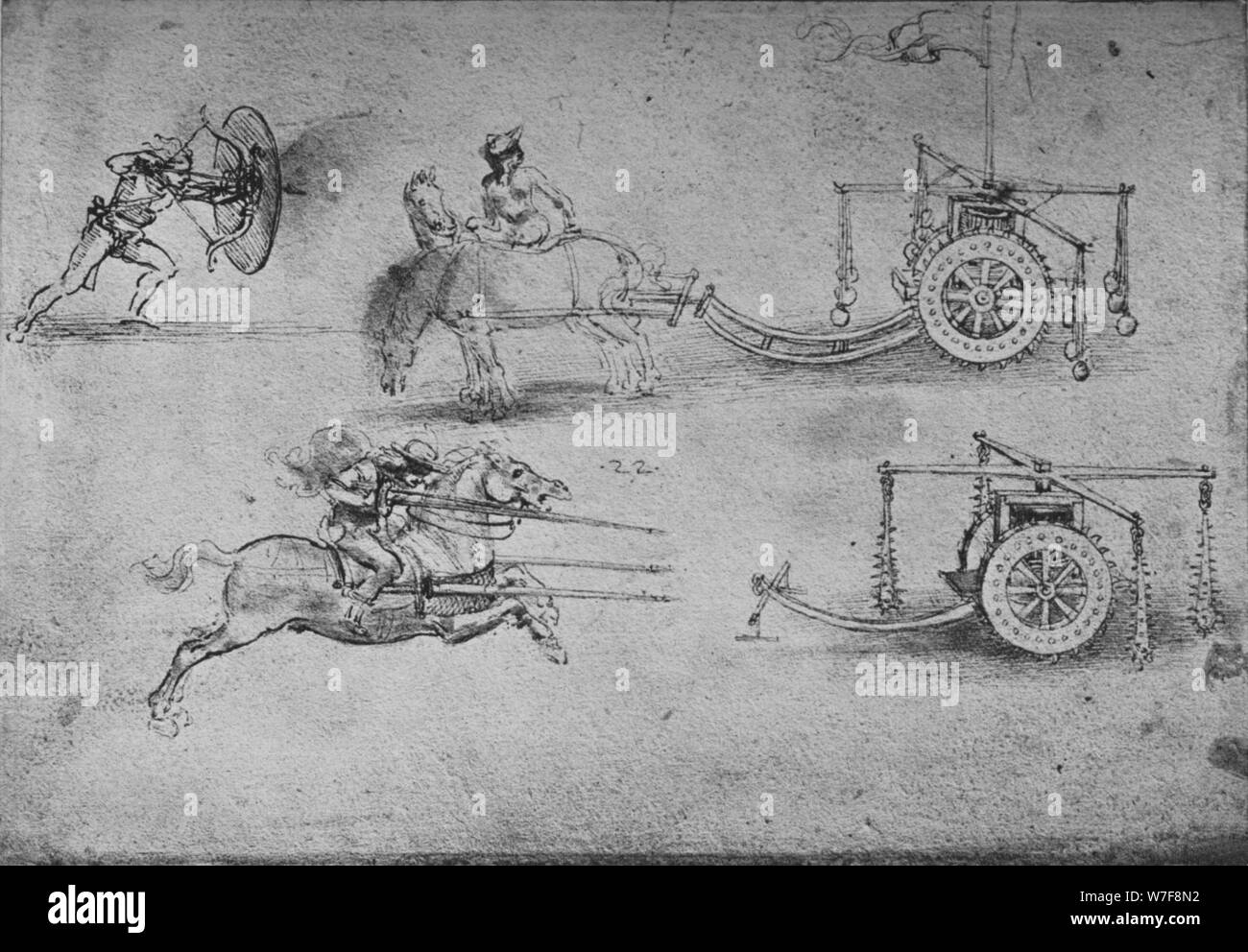 'Drawings di carri armati con coltelli, di un arciere con uno scudo', c1480, (1945). Artista: Leonardo da Vinci. Foto Stock