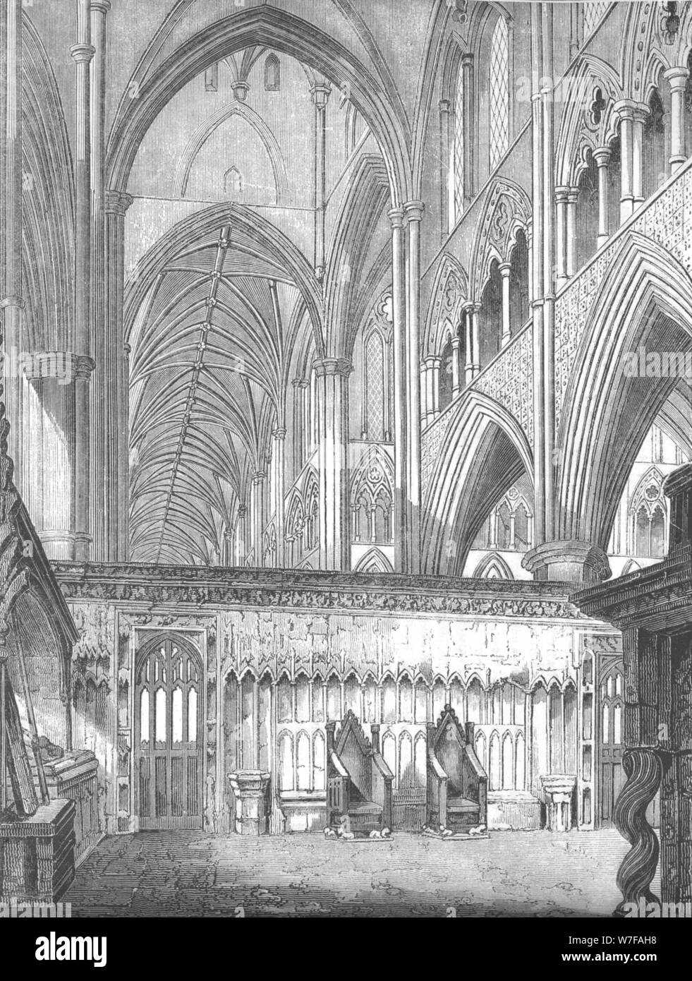 'La navata, Westminster Abbey, guardando ad ovest da St. Edward's Chapel", 1845. Artista: John Jackson. Foto Stock