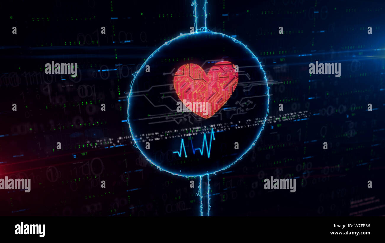Cuore cibernetico ologramma simbolo nel cerchio elettrico su sfondo digitale. Moderno concetto di amore, cyber dating, romantico, salute, scienza e cardiol Foto Stock