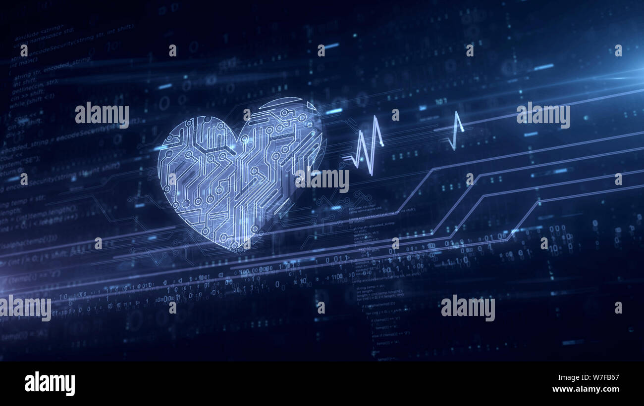 Cuore cibernetico ologramma simbolo animazione 3d. Moderno concetto di amore, cyber dating, romantico, salute, scienza e cardiologia su blu backgro digitale Foto Stock