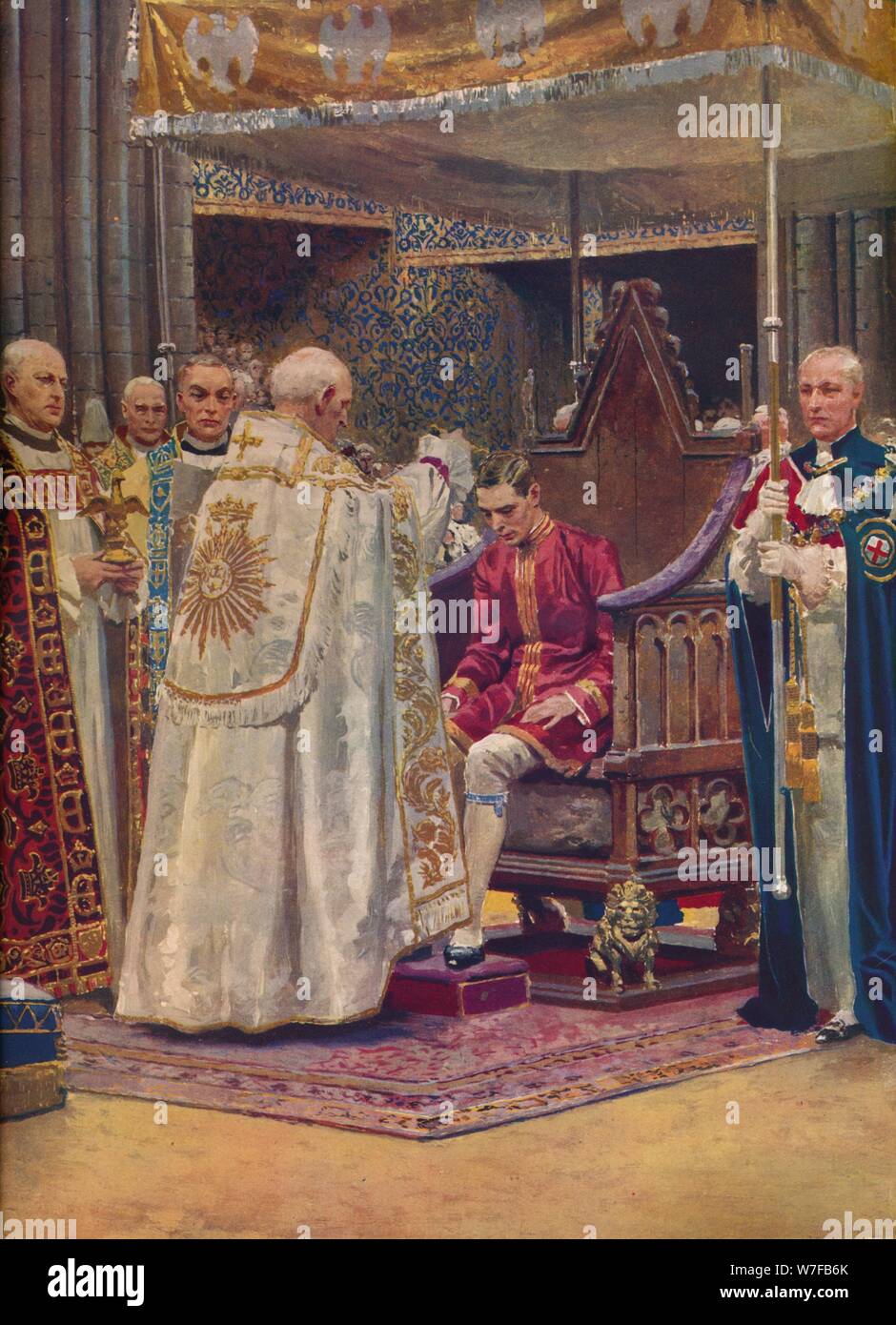 "L'Unzione: l arcivescovo fare il segno della croce sul re della testa', 1937. Artista: sconosciuto. Foto Stock