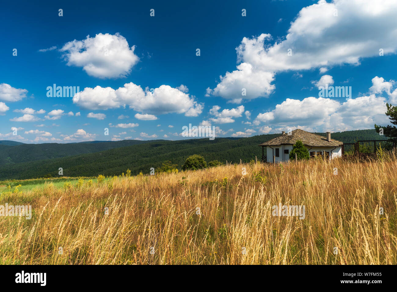 Incredibile paesaggio di montagna con il cielo blu con nuvole bianche, naturale all'aperto sullo sfondo di viaggio. Sui monti Rodopi, Bulgaria, Churen village Foto Stock