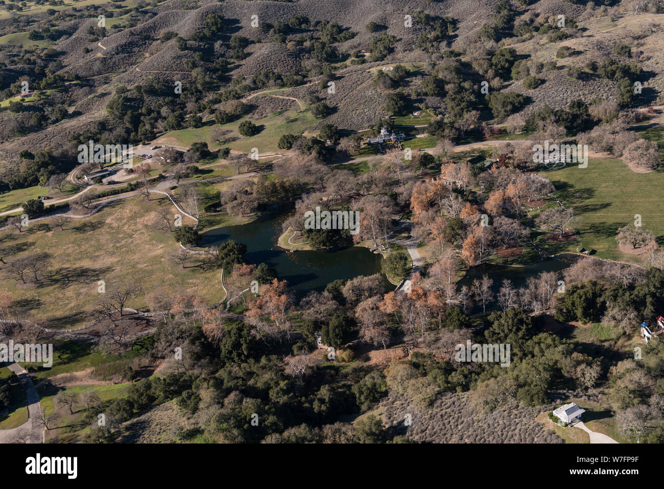 Vista aerea del Neverland ranch, una volta casa di un celebre cantante Michael Jackson, nella Santa Ynez Valley di Santa Barbara County, California Foto Stock