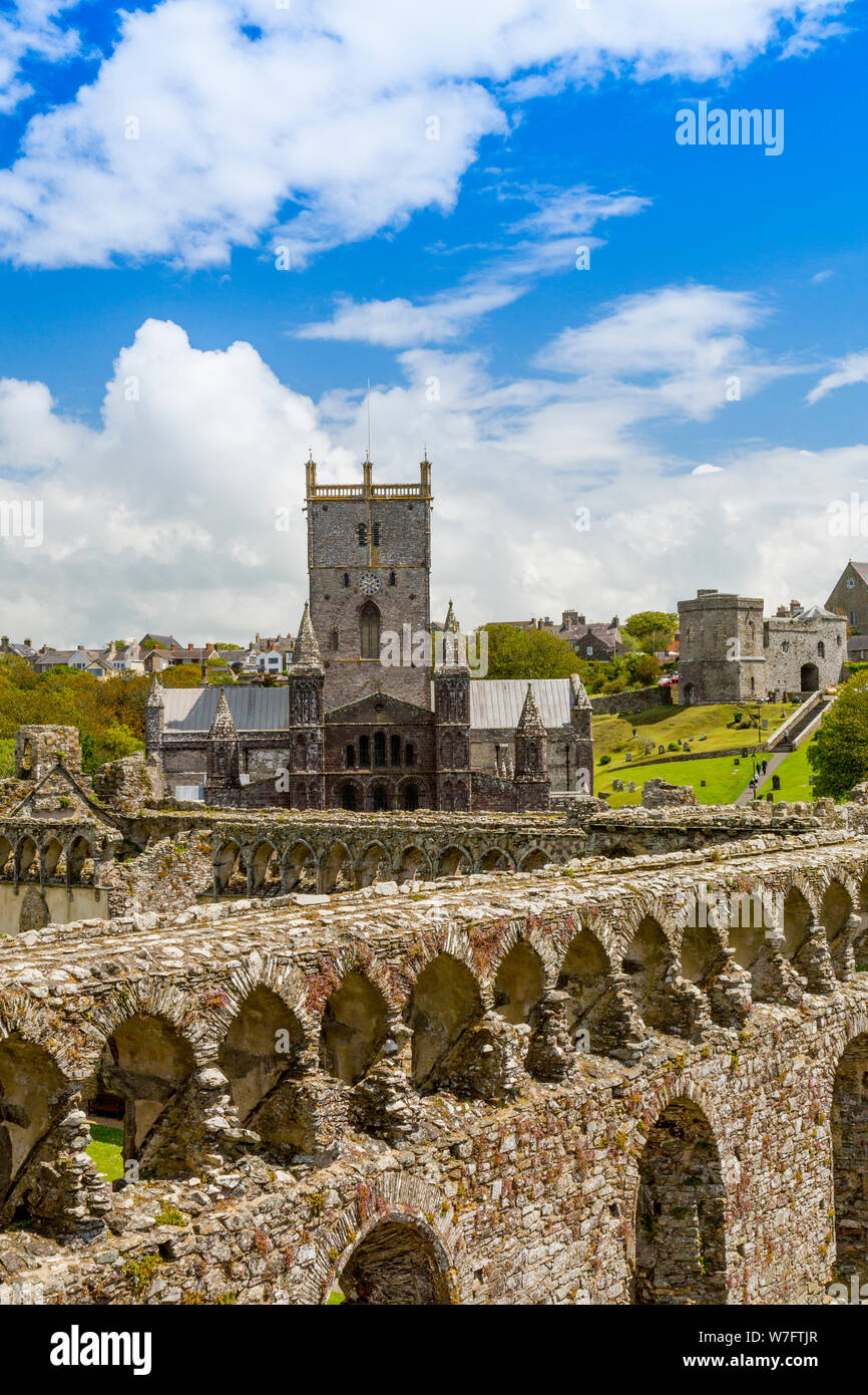 La cattedrale è vista dal di sopra della sala grande con i suoi portici parapetti in13th secolo Palazzo del Vescovo, St Davids, Pembrokeshire, Wales, Regno Unito Foto Stock