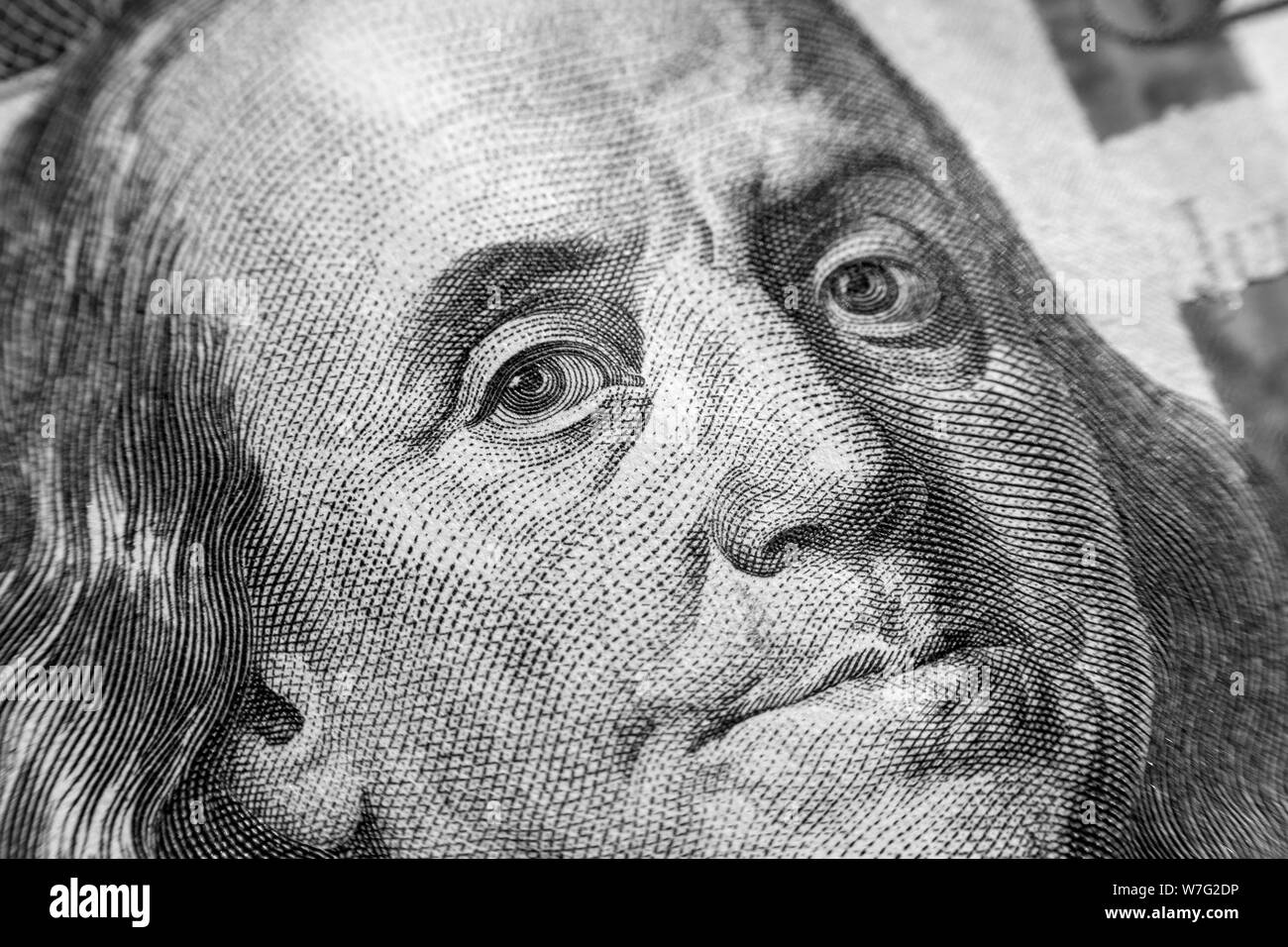 Benjamin Franklin di fronte a noi un centinaio di dollari macro isolato, Stati Uniti denaro closeup. Foto Stock