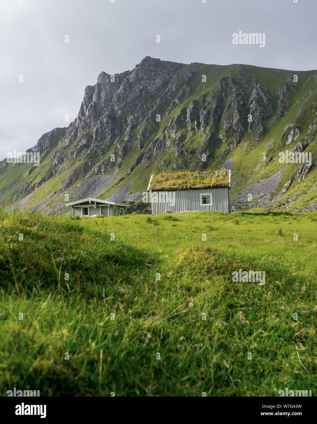 Casa tradizionale norvegese in legno. Tipica casa norvegese. Tipica casa norvegese con erba sul tetto. Bella casa di villaggio colorato. Foto Stock