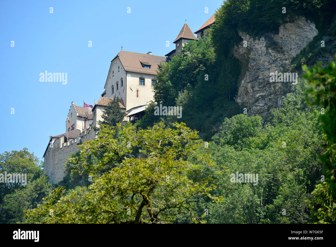 24 luglio 2019, il Liechtenstein VADUZ: Vaduz Castello a Triesenberg - Il Principato del Liechtenstein è di 300 anni. Essa è stata fondata il 15 agosto 1719, tra la Svizzera e l'Austria. Il capitale è Vaduz (nell'immagine). Foto: Volkmar Heinz/dpa-Zentralbild/ZB Foto Stock