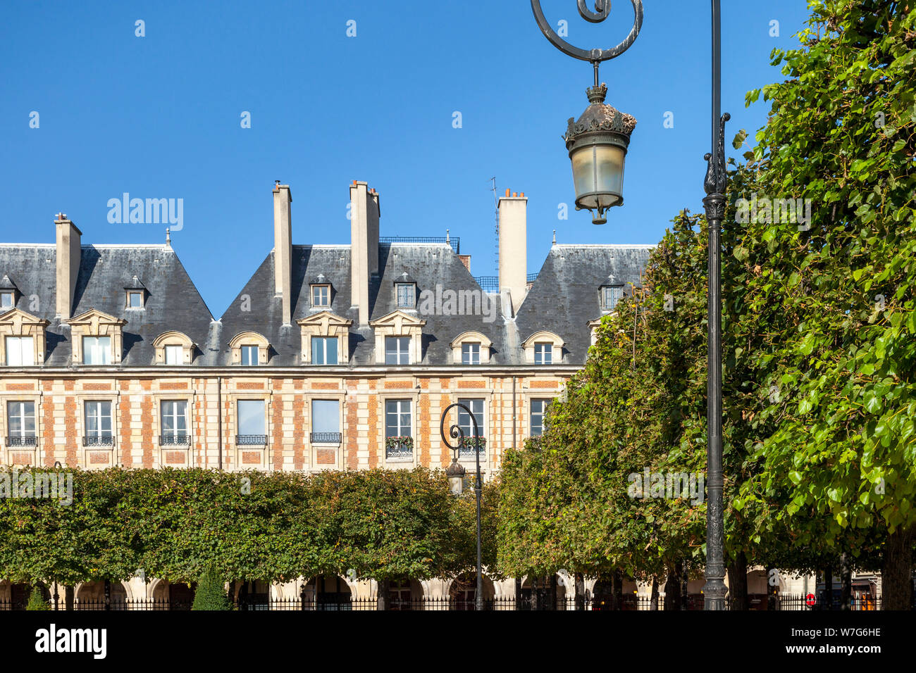 Alberi ben curati e architettura in Place des Vosges - la più antica piazza di Parigi e dell' Ile-de-France, Francia Foto Stock