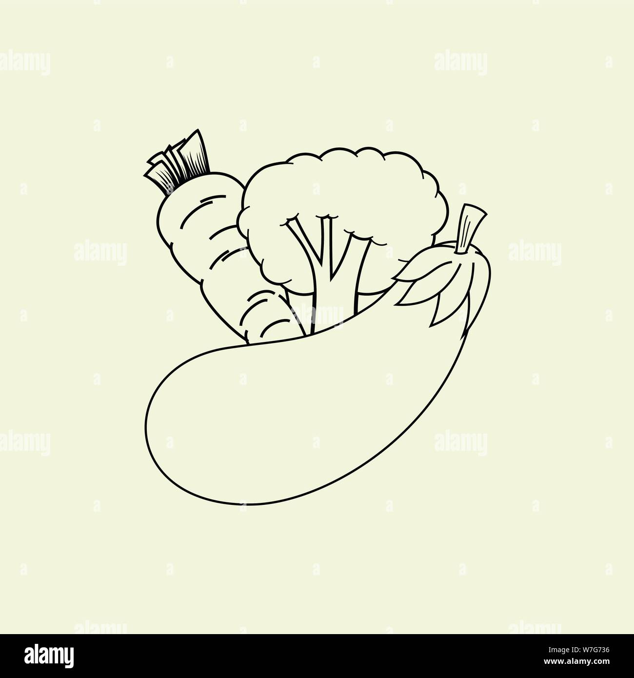 Verdure (carota, Broccoli, melanzana) vettore design con linea nera (nessun colore) Illustrazione Vettoriale
