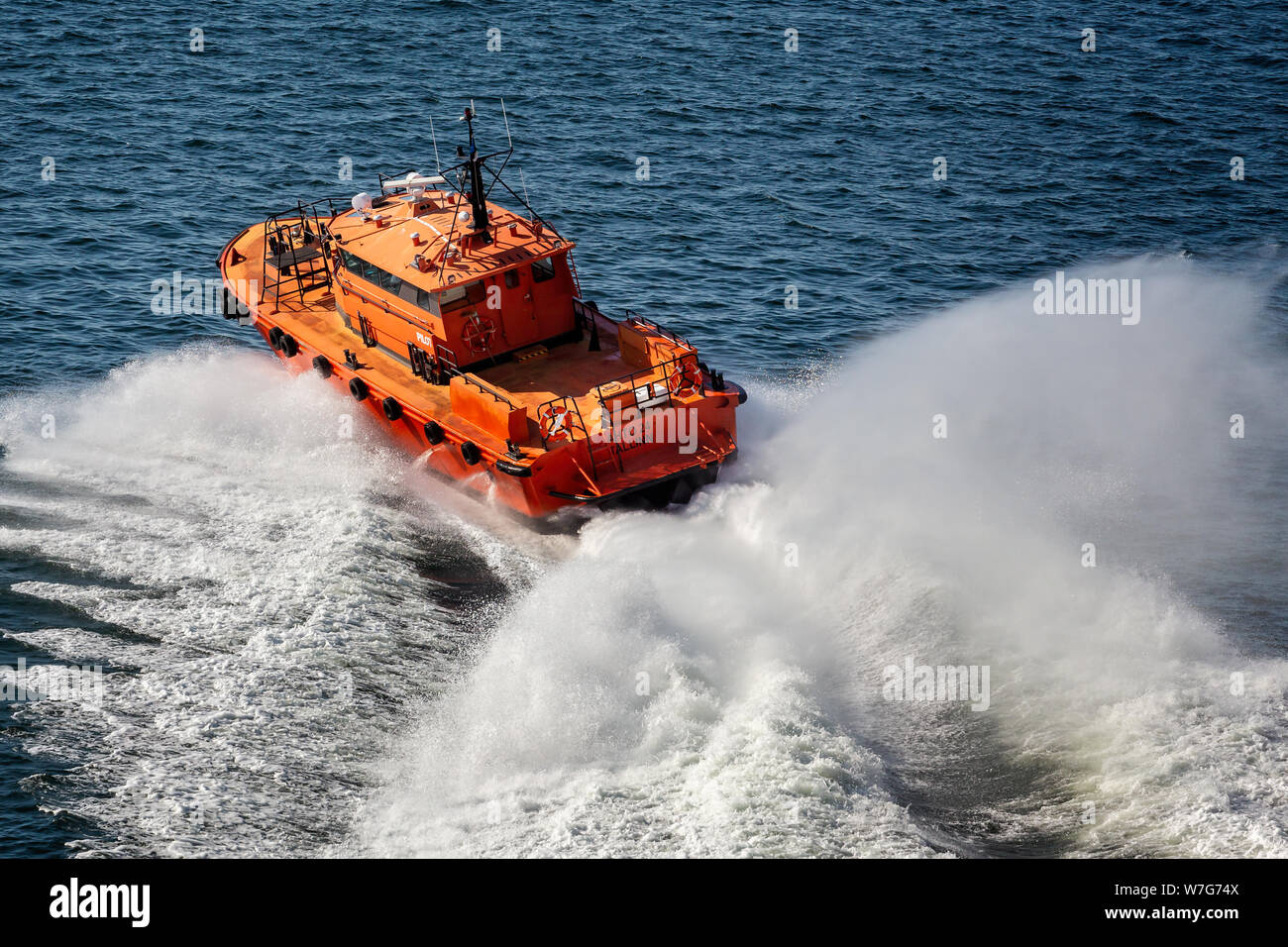 Estonjian barca pilota di schiantarsi attraverso le onde ad alta velocità in mare vicino a Tallinn, in Estonia il 21 Luglio 2019 Foto Stock