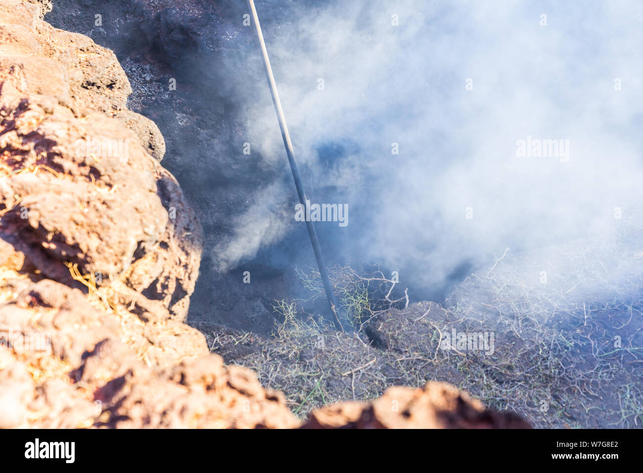 Spagna, Lanzarote, innescando un incendio dal calore terrestre di un vulcano in timanfaya parco nationla Foto Stock