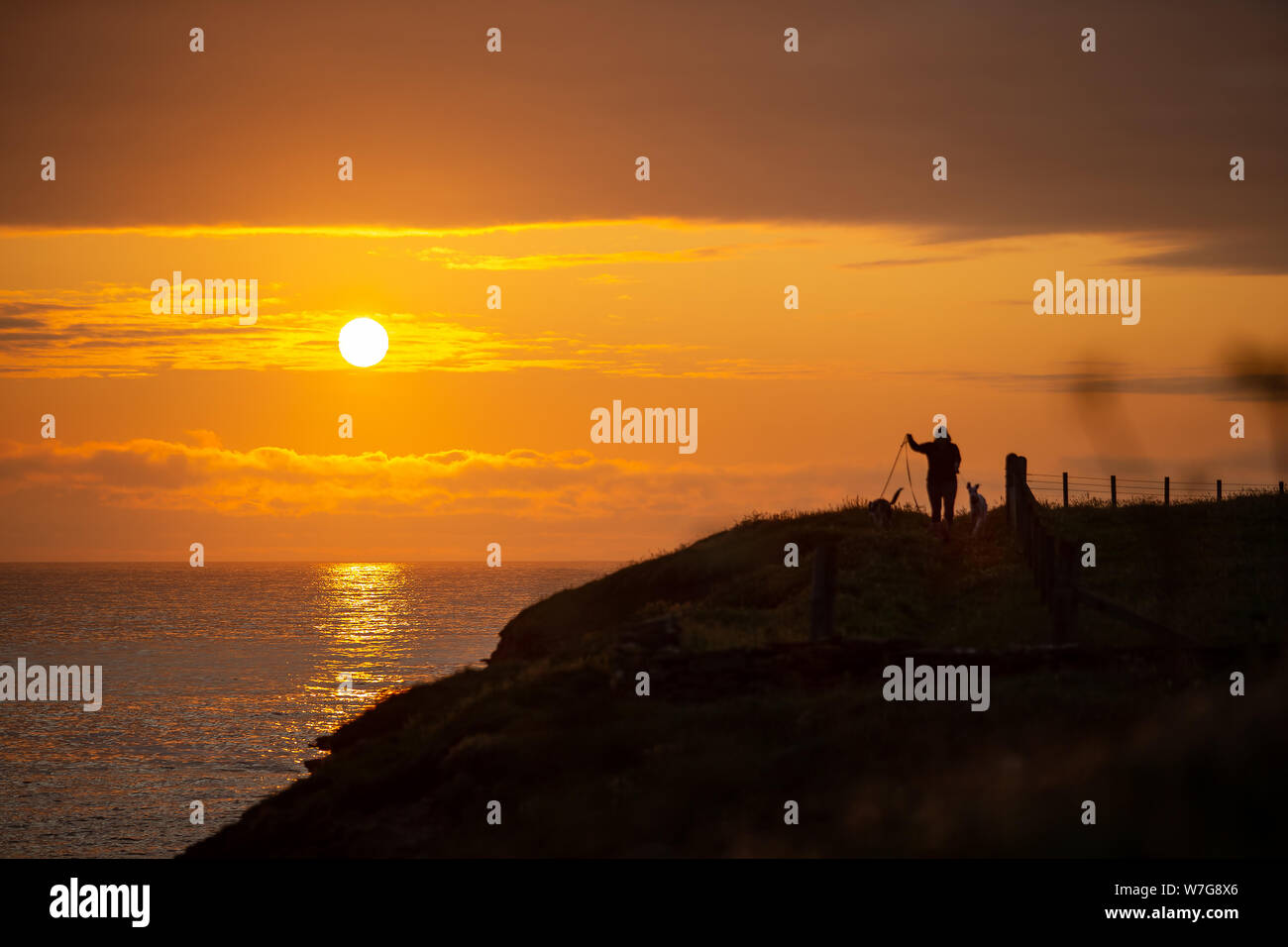 Vista al tramonto lungo la baia di Skaill, isole Orcadi, Scozia Foto Stock