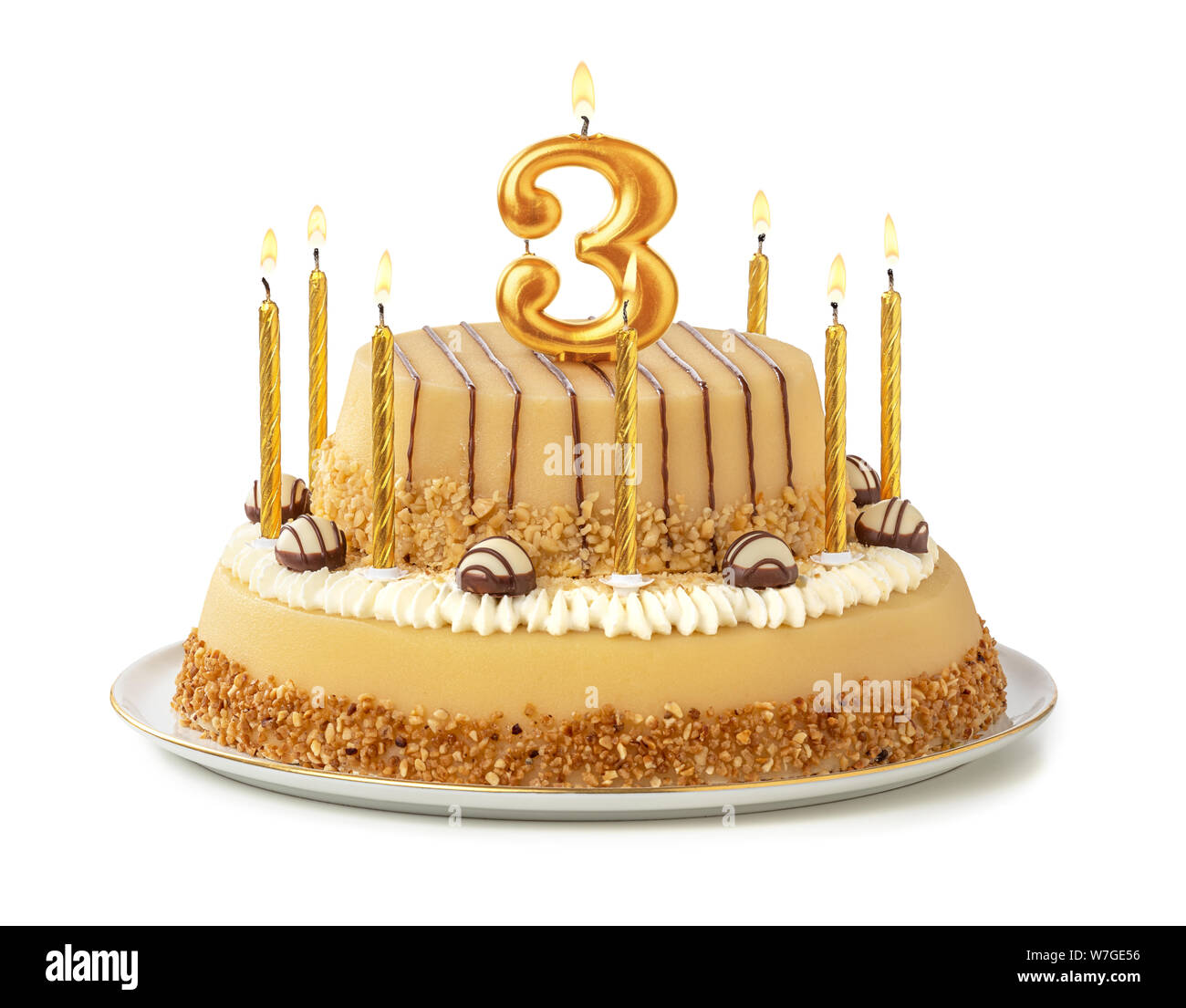 Torta di festa con golden candele - Numero 3 Foto Stock