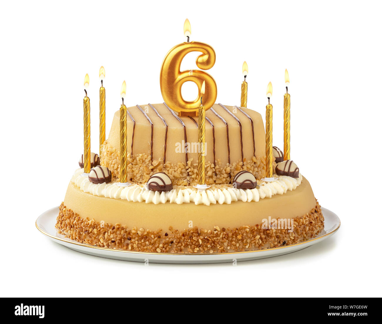 Torta di festa con golden candele - Numero 6 Foto Stock