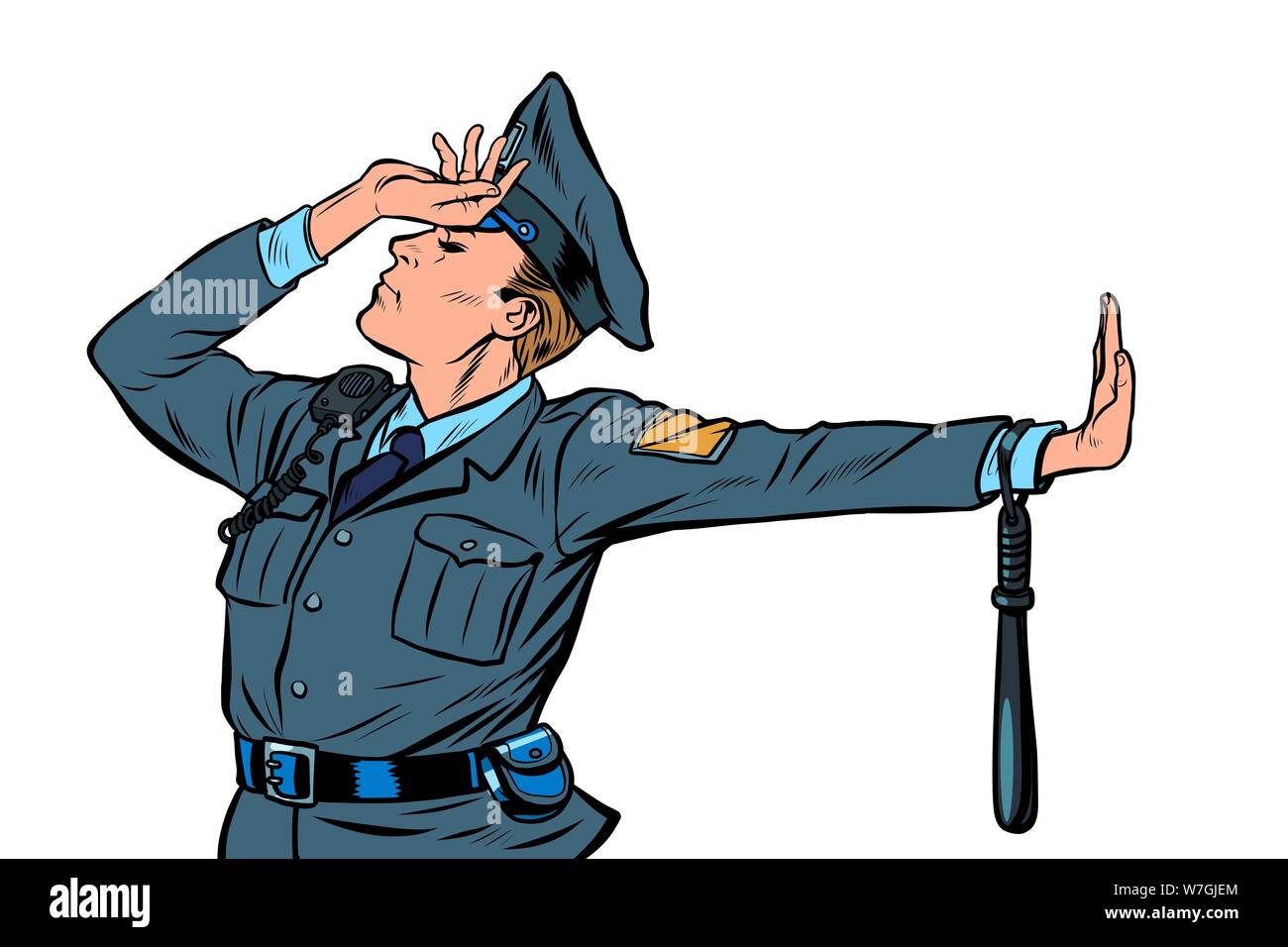 Caucasian funzionario di polizia vergogna negazione gesto n. Illustrazione Vettoriale