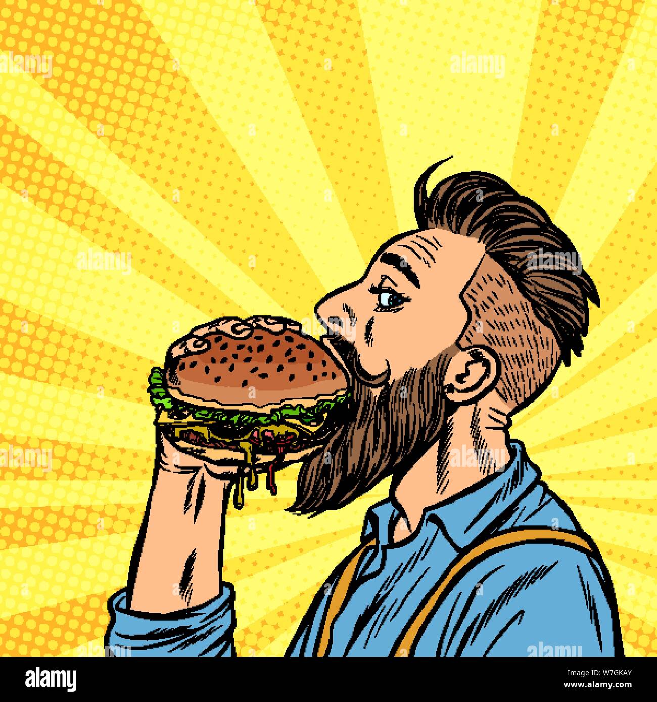 Hipster uomo mangiare hamburger Illustrazione Vettoriale